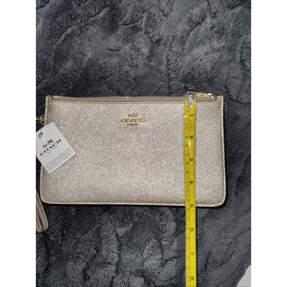 Coach Metallic Leather Wristlet Clutch Gold Zip Pouch Authentic - Picture 12 of 12